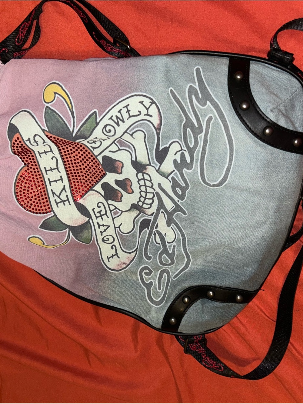 Ed Hardy Lavender Gray Skull & Heart Shoulder Bag